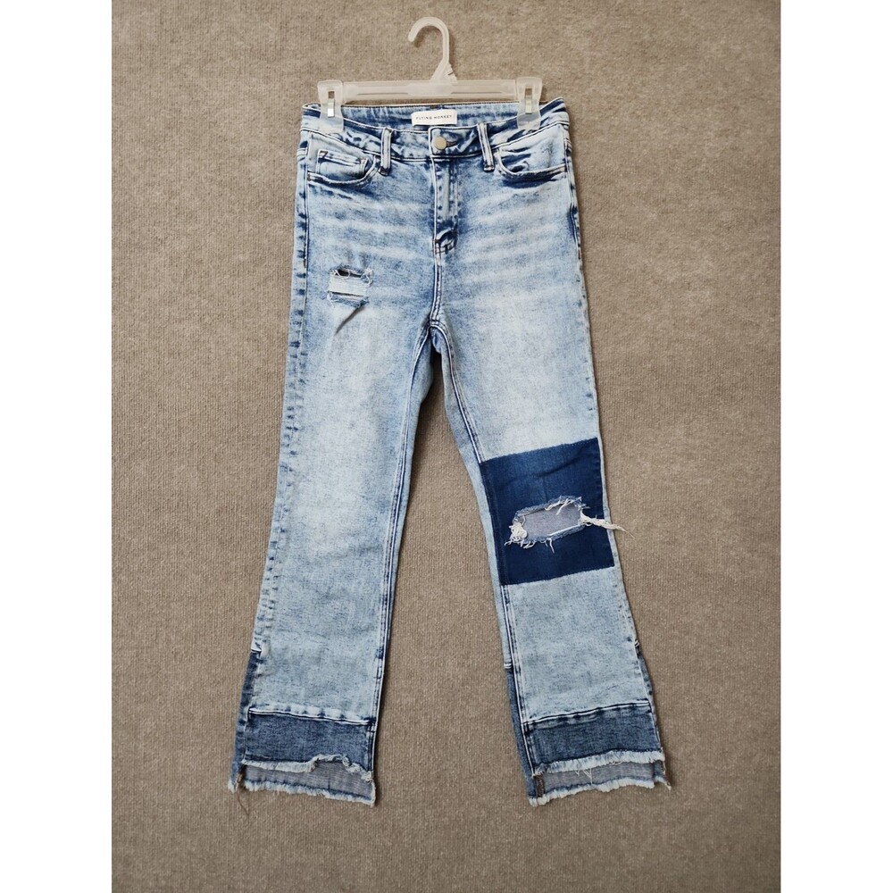 Flying Monkey Hi Low Jeans Womens 27 Blue Acid Wash Patchwork Raw Hem Distressed